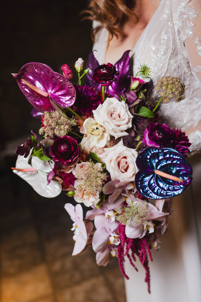 purple, black, and white floral bouquet
